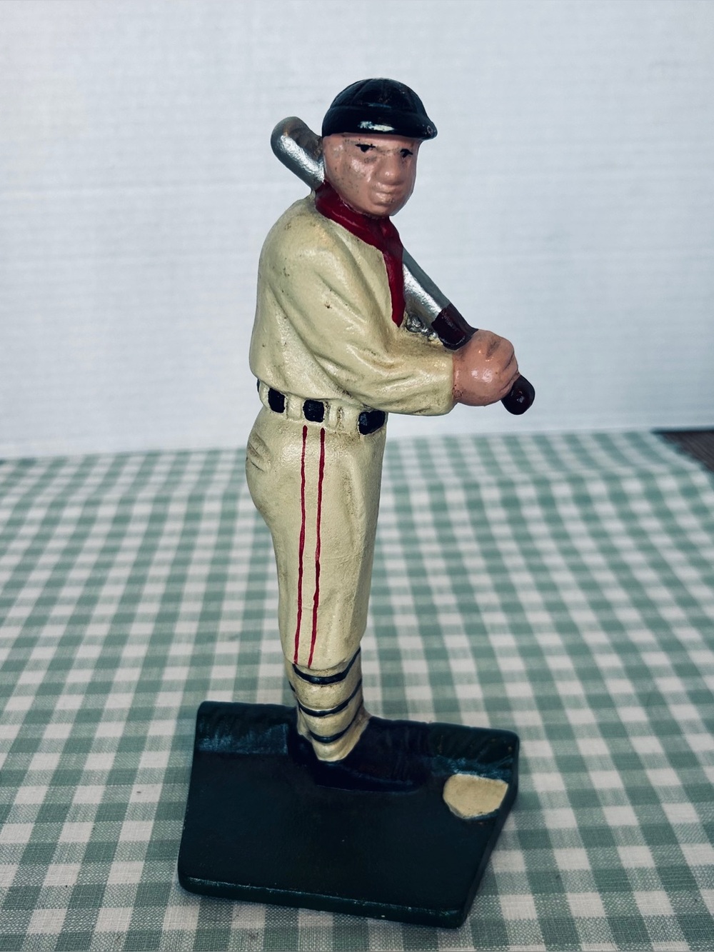 Vintage Hand-Painted Baseball Batter Iron Doorstop in Cream, Black & Red